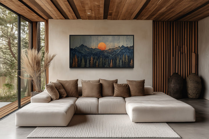 Sunset Over Mountain And Forest Wooden Effect Framed Canvas Wall Art