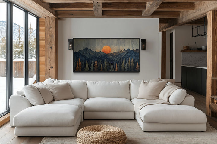 Sunset Over Mountain And Forest Wooden Effect Framed Canvas Wall Art