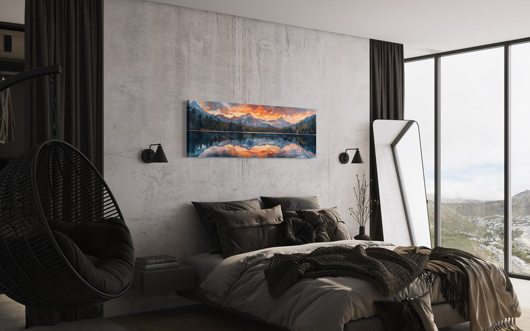 Sunset Over Mountain Lake Landscape Panoramic Framed Canvas Wall Art