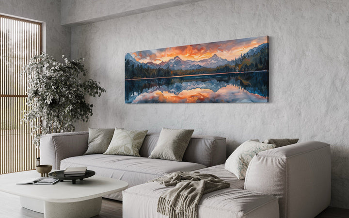 Sunset Over Mountain Lake Landscape Panoramic Framed Canvas Wall Art