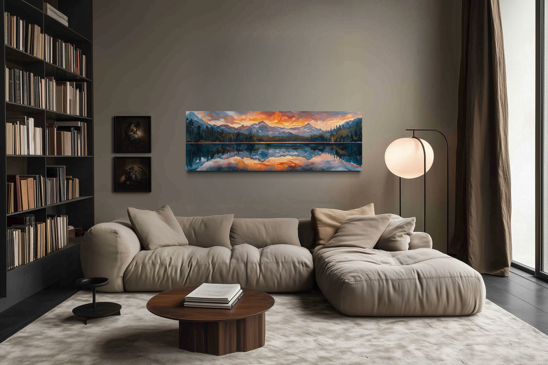 Sunset Over Mountain Lake Landscape Panoramic Framed Canvas Wall Art