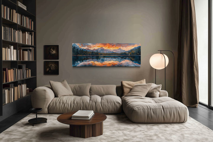 Sunset Over Mountain Lake Landscape Panoramic Framed Canvas Wall Art