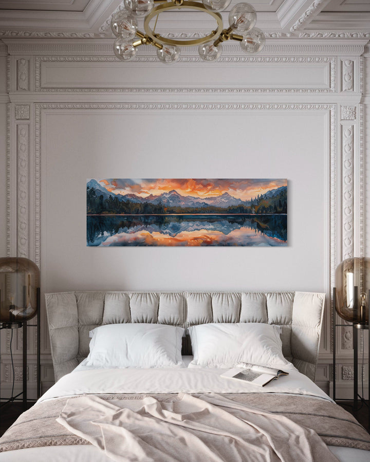 Sunset Over Mountain Lake Landscape Panoramic Framed Canvas Wall Art