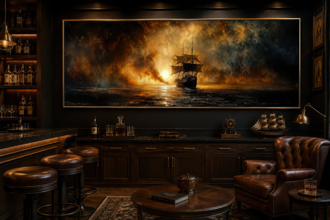 Sunset sailing ship horizontal canvas wall art in a dark, classic study with leather furniture.