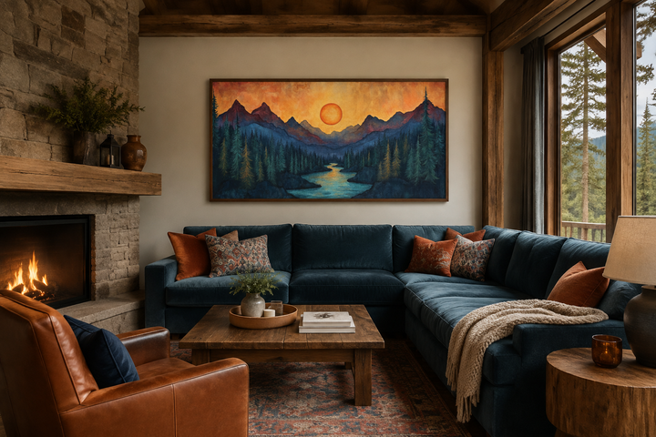 Sunset mountain river painting on wood canvas wall art above a blue sectional in a rustic cabin.