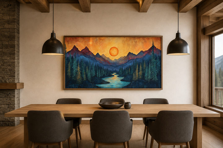 Sunset mountain river painting on wood canvas wall art above a dining table in a rustic cabin.