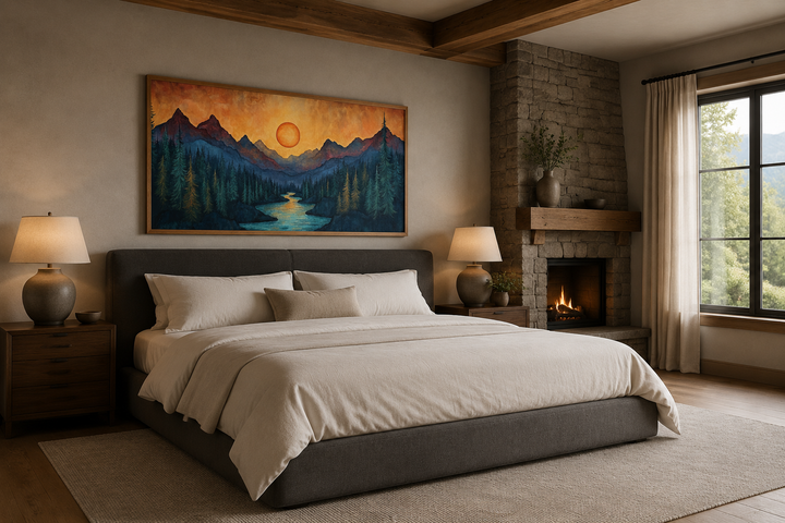 Sunset mountain river painting on wood canvas wall art above a bed in a rustic cabin bedroom.