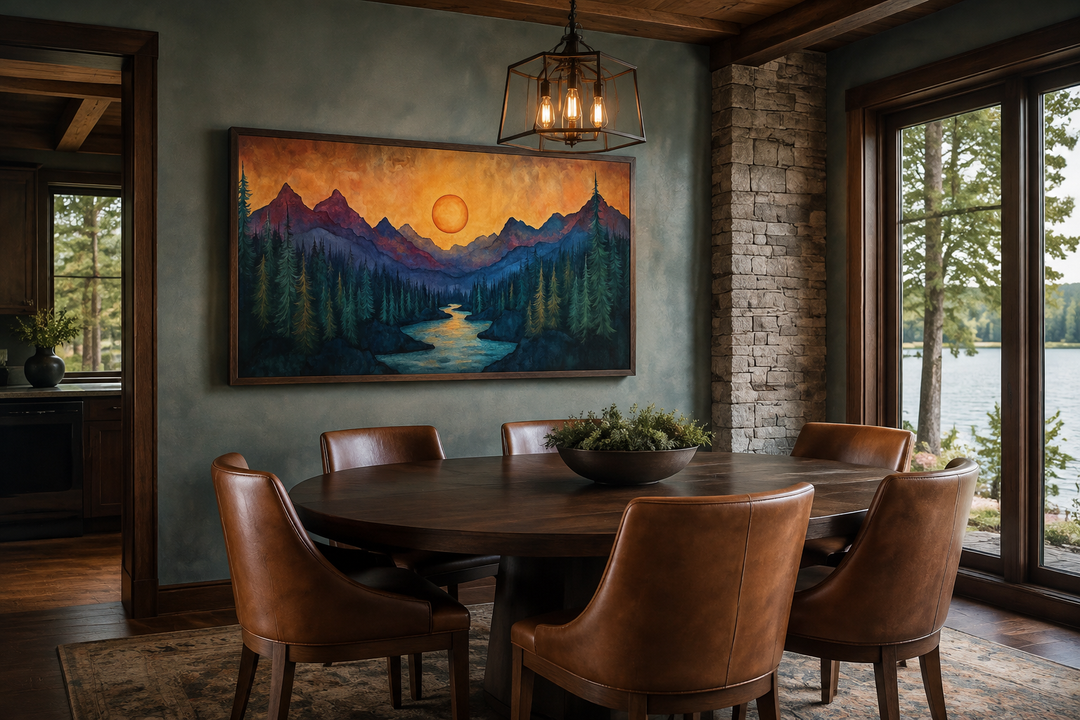 Sunset mountain river painting on wood canvas wall art in a rustic dining room with leather chairs.