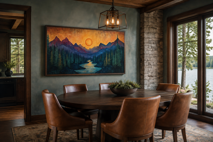 Sunset mountain river painting on wood canvas wall art in a rustic dining room with leather chairs.