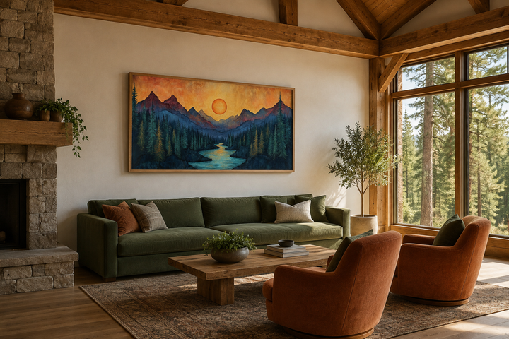 Sunset mountain river painting on wood canvas wall art above a green sofa in a rustic cabin.
