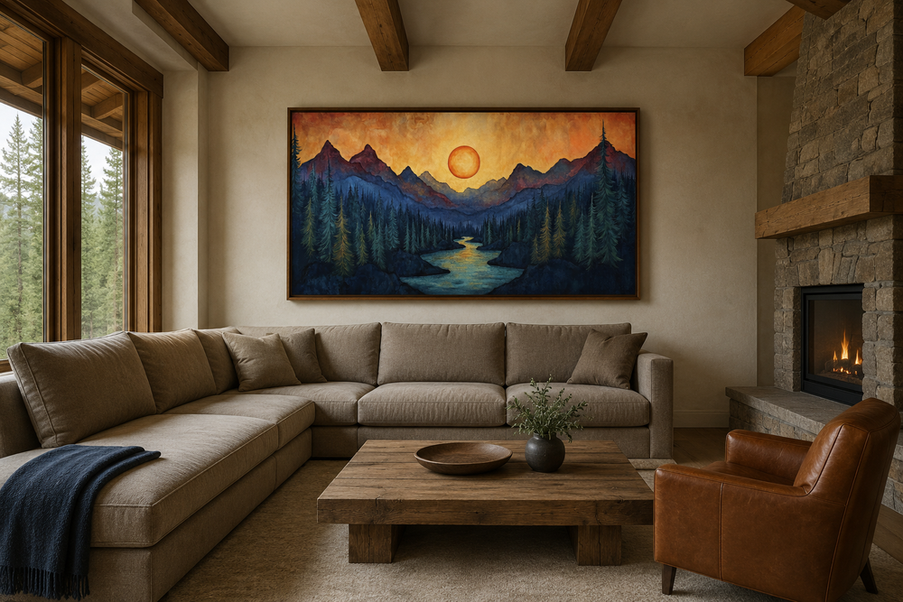 Sunset mountain river painting on wood canvas wall art above a sofa in a rustic cabin living room.
