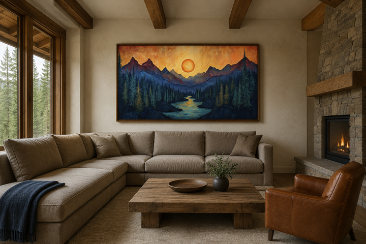 Sunset mountain river painting on wood canvas wall art above a sofa in a rustic cabin living room.