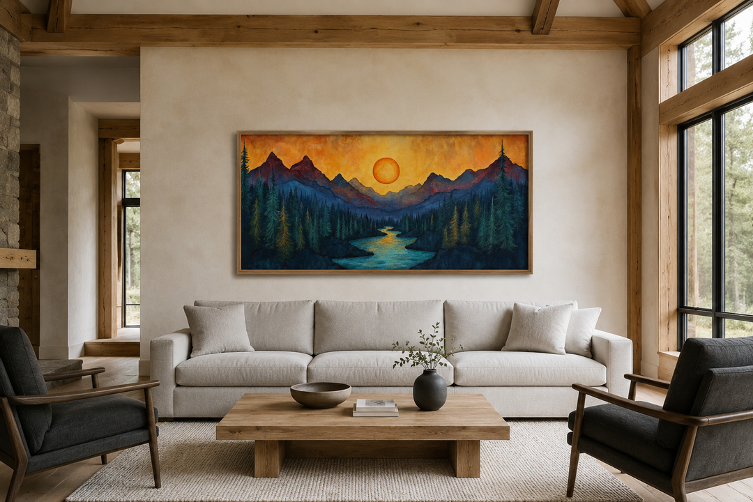 Sunset mountain river painting on wood canvas wall art above a sofa in a rustic cabin living room.