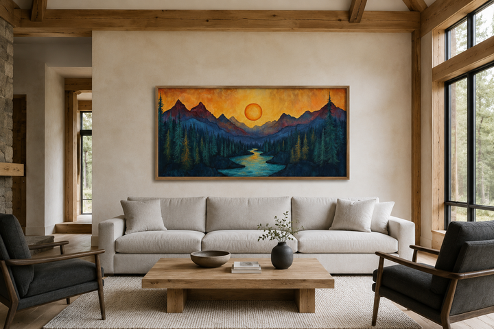 Sunset mountain river painting on wood canvas wall art above a sofa in a rustic cabin living room.