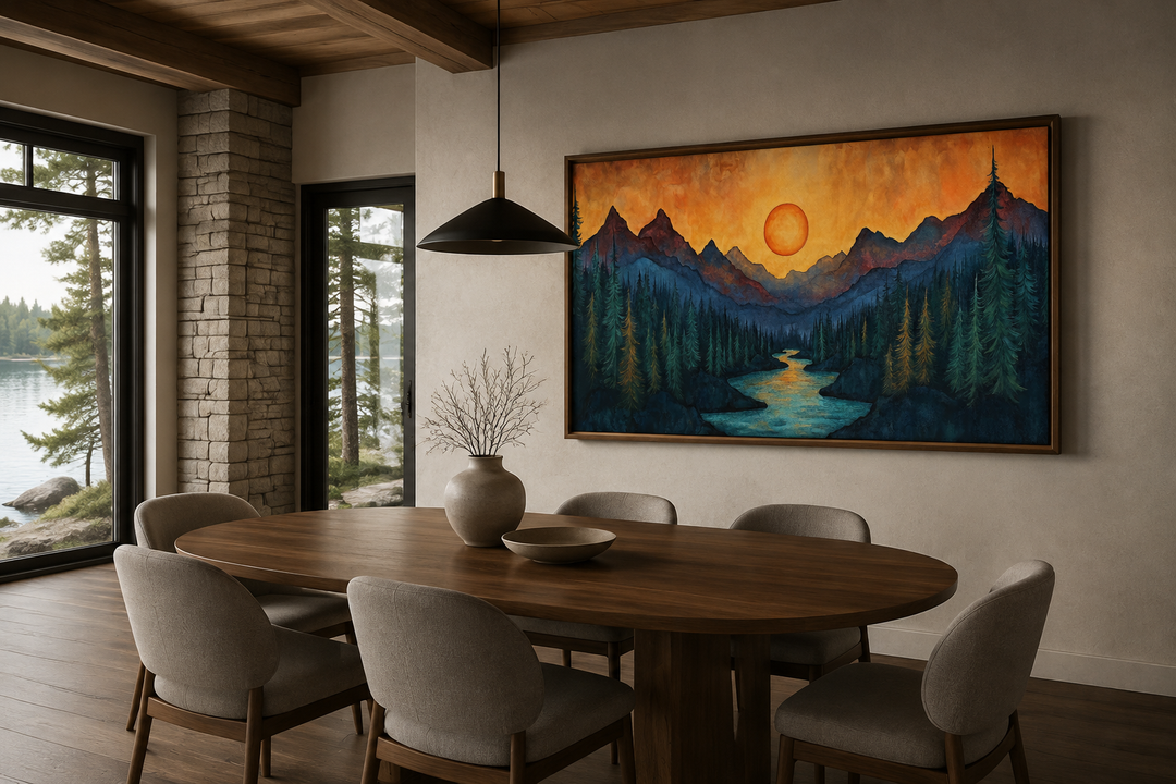 Sunset mountain river painting on wood canvas wall art in a rustic dining room.
