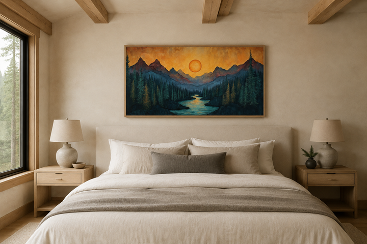 Sunset mountain river painting on wood canvas wall art above a bed in a rustic cabin bedroom.