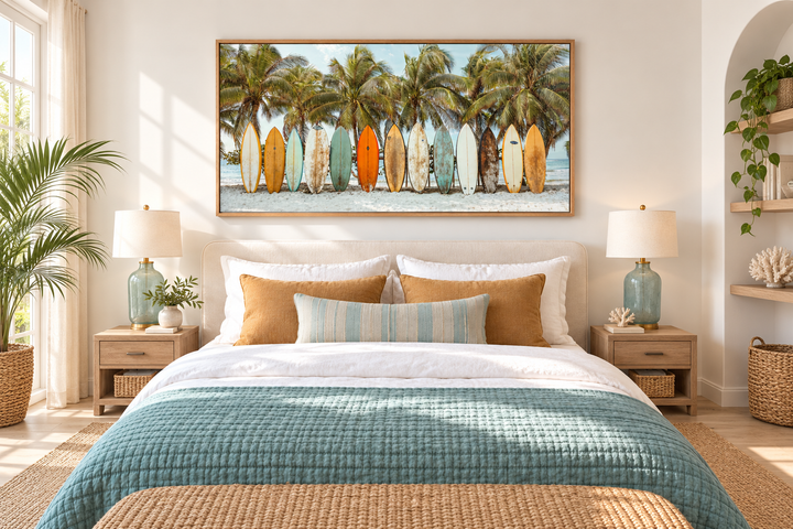 Surfboards On The Beach Framed Canvas Wall Art hanging above a bed in a coastal-style bedroom.