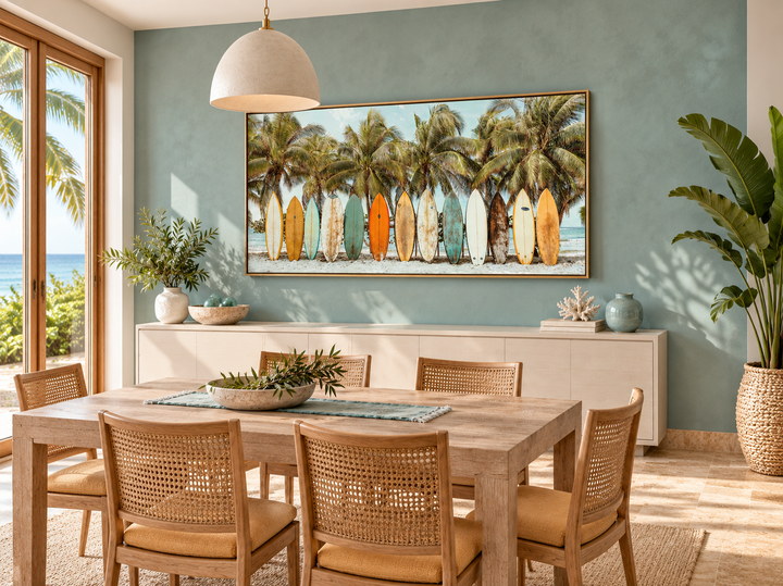 Surfboards On The Beach Framed Canvas Wall Art above a dining table in a coastal-style room.
