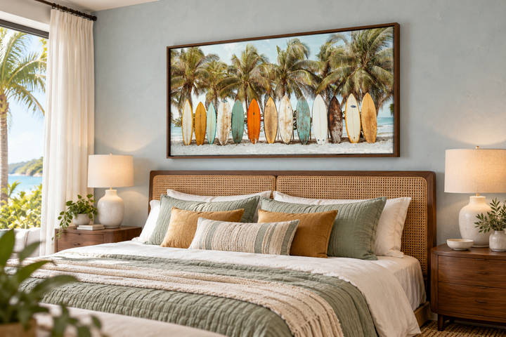 Surfboards On The Beach Framed Canvas Wall Art hanging above a bed in a coastal bedroom.