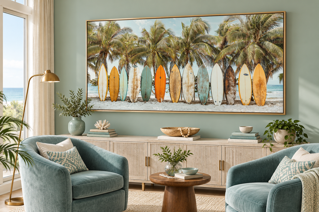 Surfboards On The Beach Framed Canvas Wall Art above a sideboard in a coastal living room.