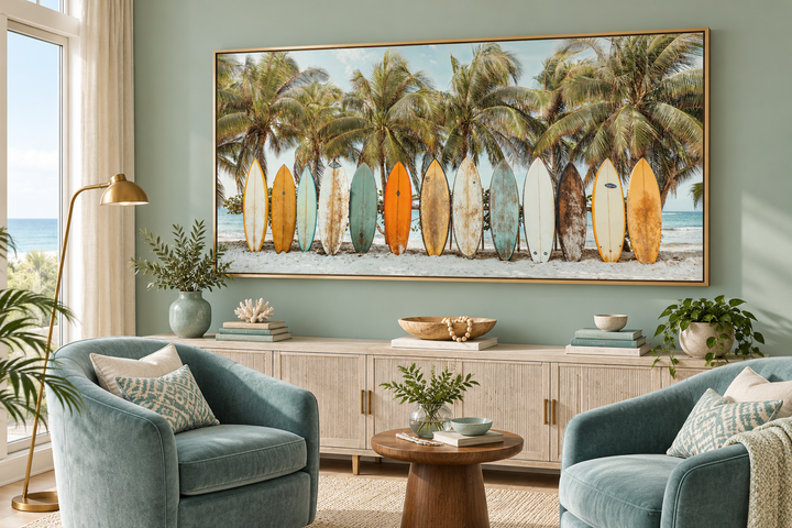Surfboards On The Beach Framed Canvas Wall Art above a sideboard in a coastal living room.