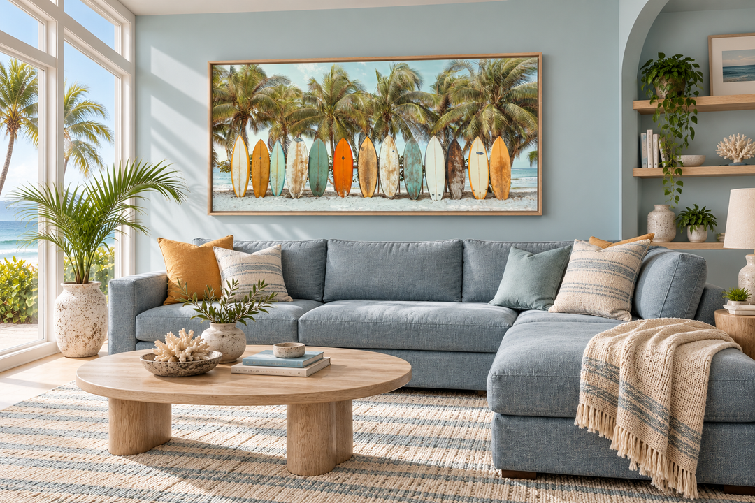 Surfboards On The Beach Framed Canvas Wall Art above a blue sectional sofa in a coastal living room.