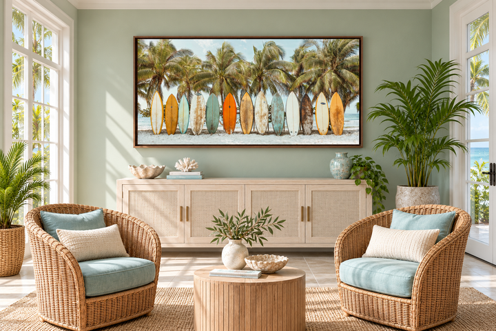 Surfboards On The Beach Framed Canvas Wall Art displayed in a coastal sunroom with rattan chairs.