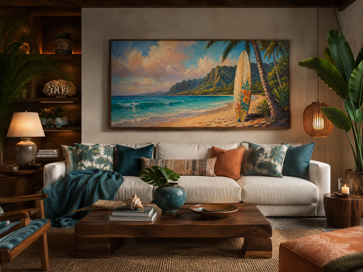 Surfboard on Hawaii beach framed canvas wall art above a white sofa in a tropical living room.