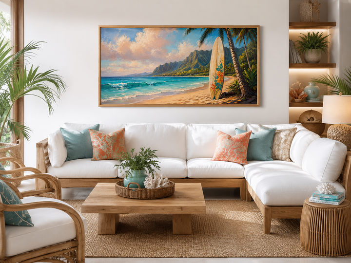 Surfboard on Hawaii beach framed canvas wall art above a white sectional sofa in a coastal room.