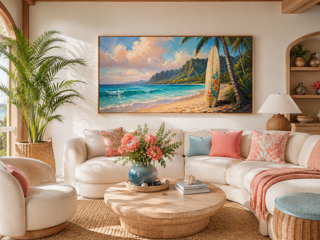 Surfboard on Hawaii beach framed canvas wall art above a white sectional sofa in a coastal room.