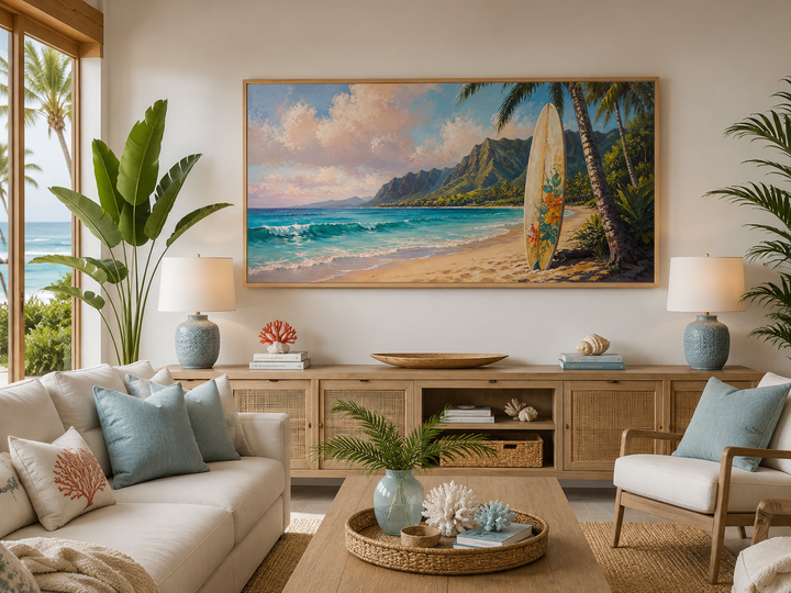 Framed canvas wall art of a surfboard on a tropical Hawaii beach with mountains and ocean waves.