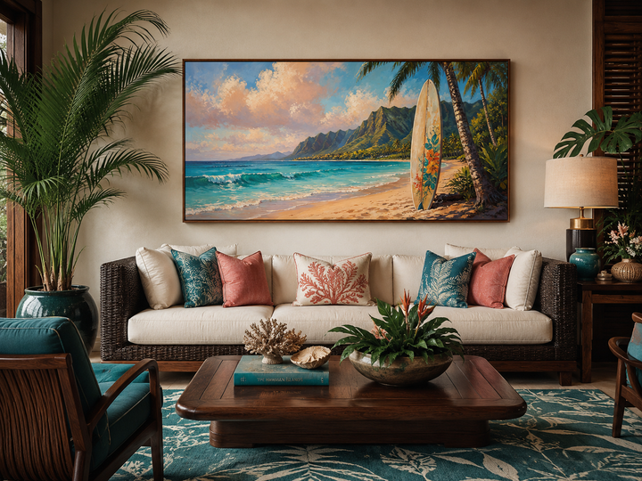 Surfboard on Hawaii beach framed canvas wall art above a sofa in a tropical living room.