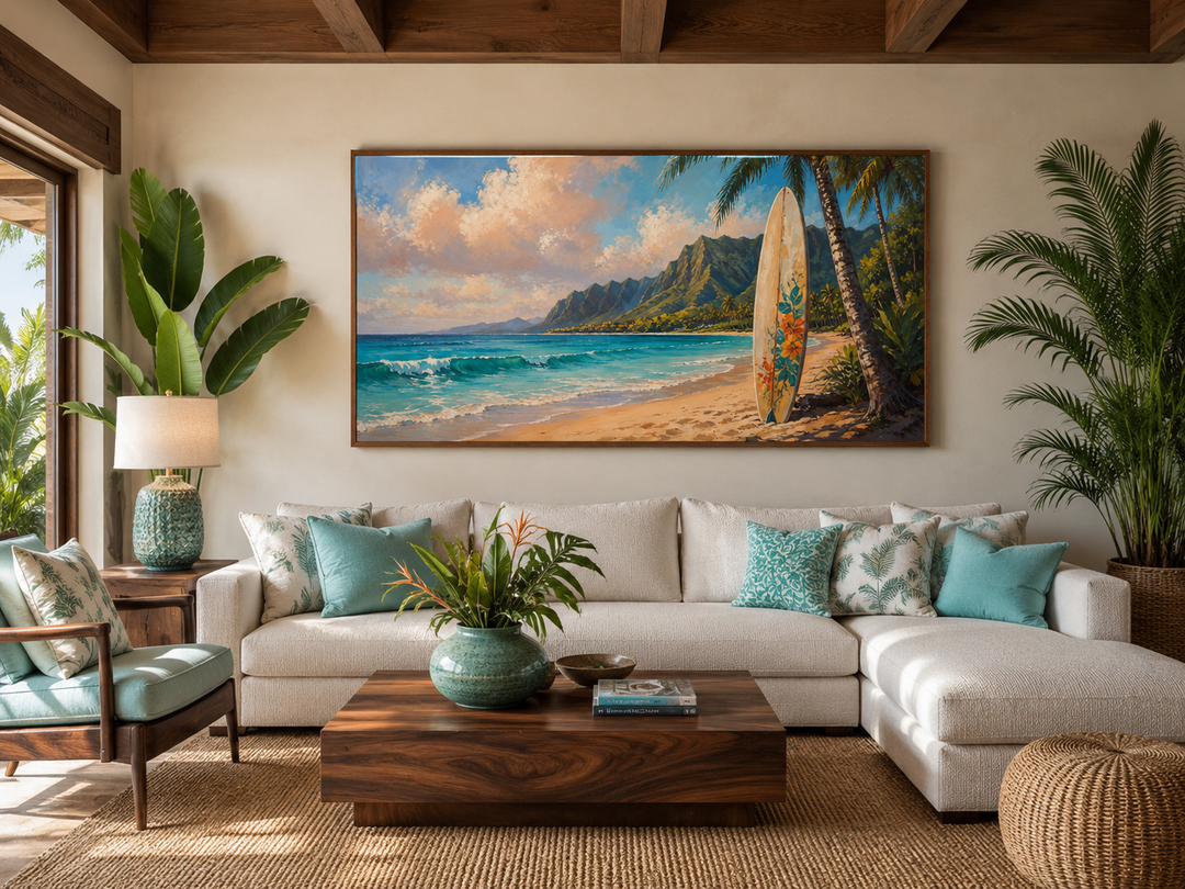 Surfboard on Hawaii beach framed canvas tropical wall art hanging above a white sectional sofa.