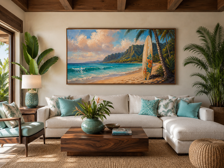 Surfboard on Hawaii beach framed canvas tropical wall art hanging above a white sectional sofa.