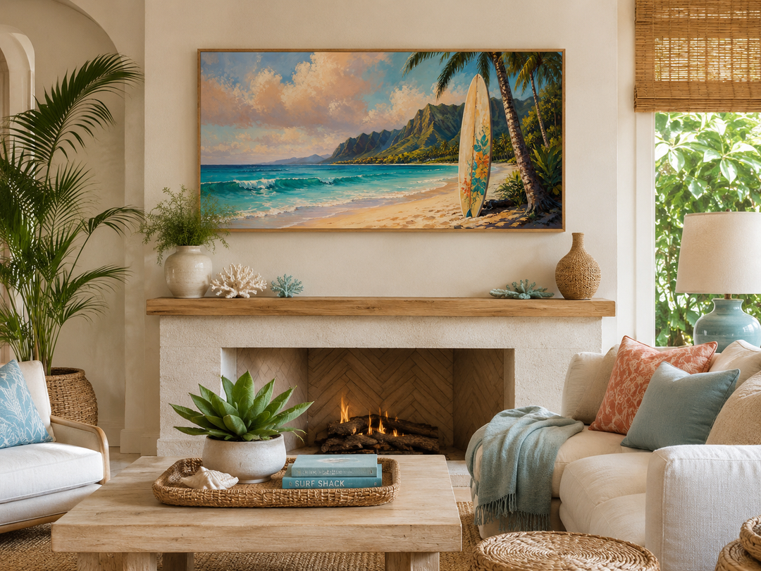 Surfboard on Hawaii Beach framed canvas wall art above a fireplace in a coastal living room.