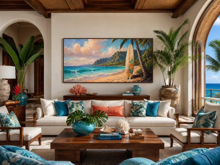 Framed canvas wall art of a surfboard on a Hawaiian beach at sunset above a white sofa.