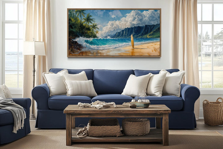 Surfboard On Hawaii Beach Framed Canvas Wall Art