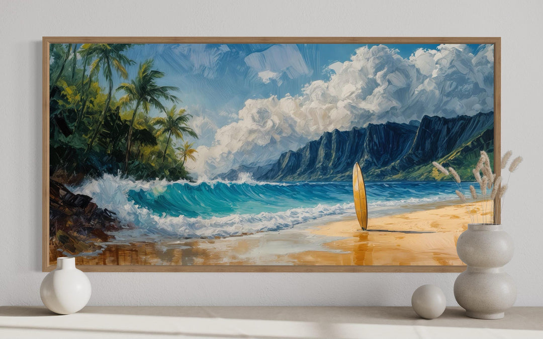 Surfboard On Hawaii Beach Framed Canvas Wall Art