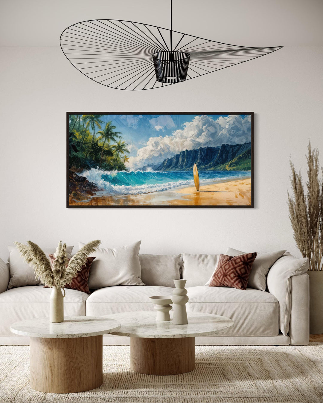 Surfboard On Hawaii Beach Framed Canvas Wall Art