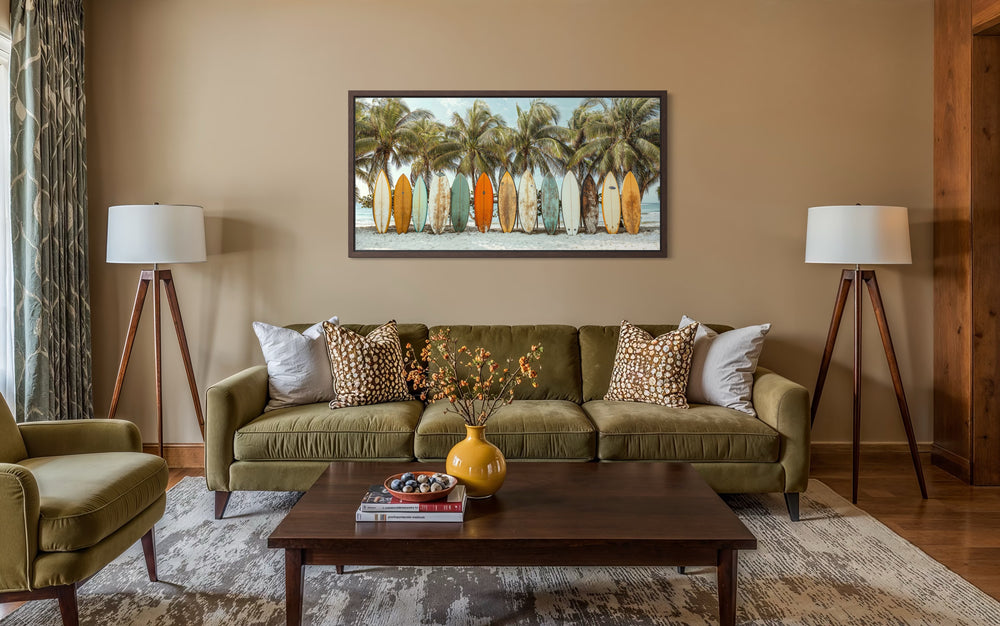 Surfboards On The Beach Framed Canvas Wall Art