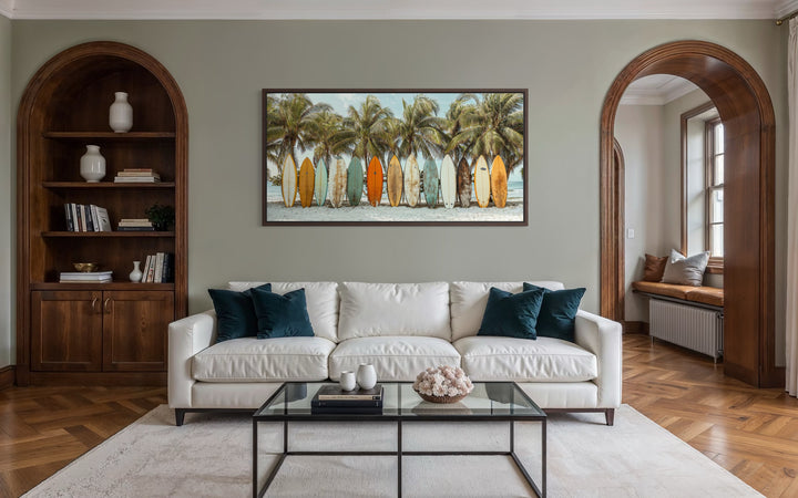 Surfboards On The Beach Framed Canvas Wall Art