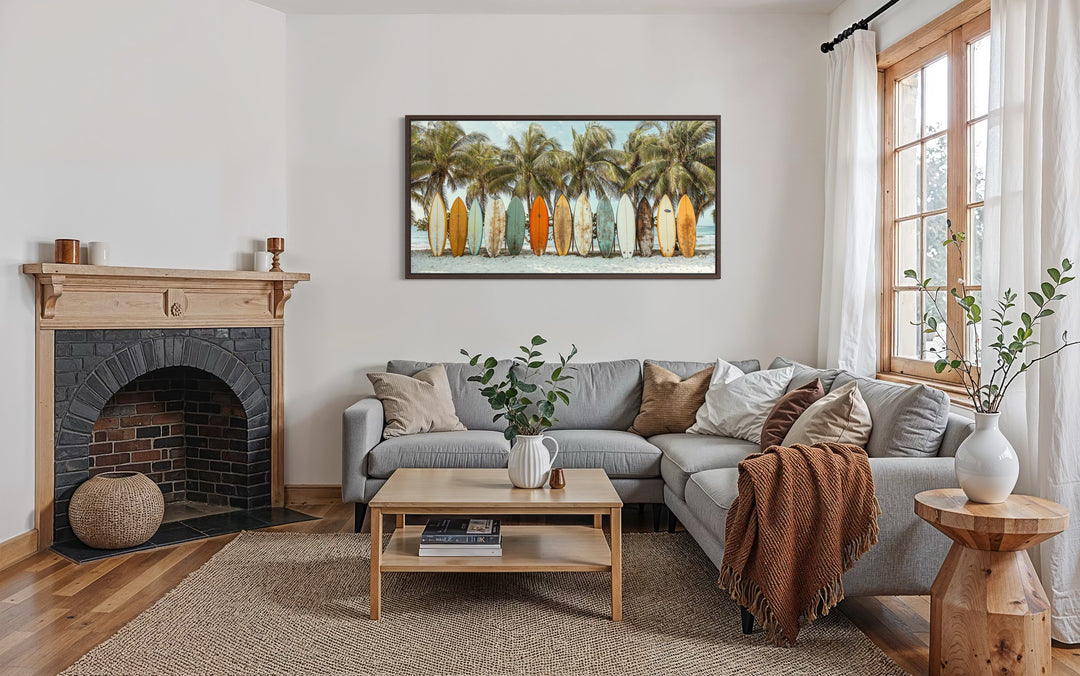 Surfboards On The Beach Framed Canvas Wall Art