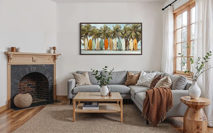 Surfboards On The Beach Framed Canvas Wall Art
