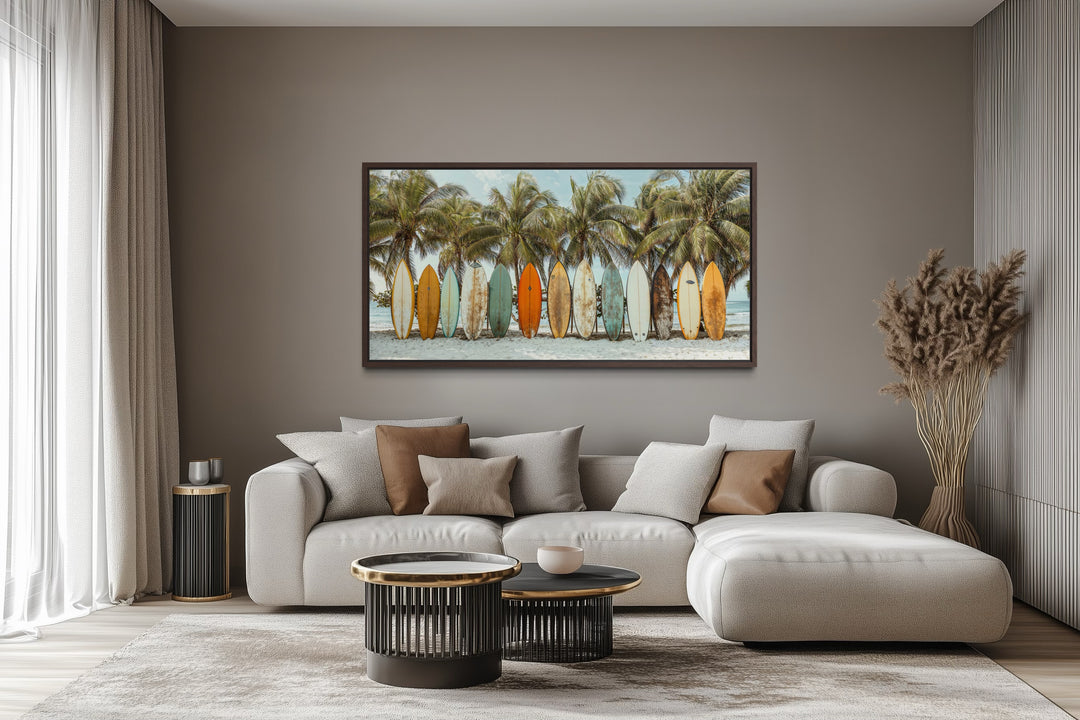 Surfboards On The Beach Framed Canvas Wall Art
