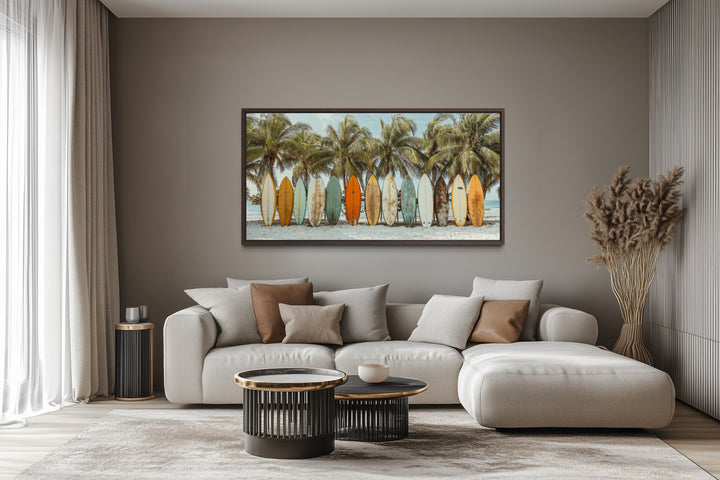 Surfboards On The Beach Framed Canvas Wall Art