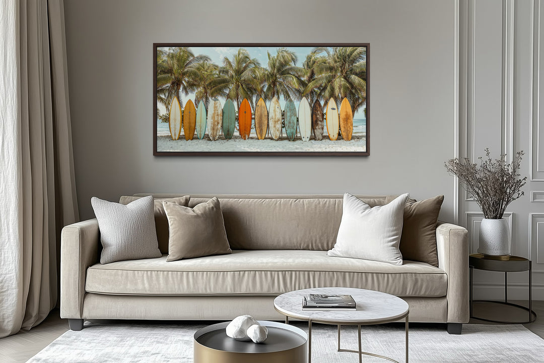 Surfboards On The Beach Framed Canvas Wall Art