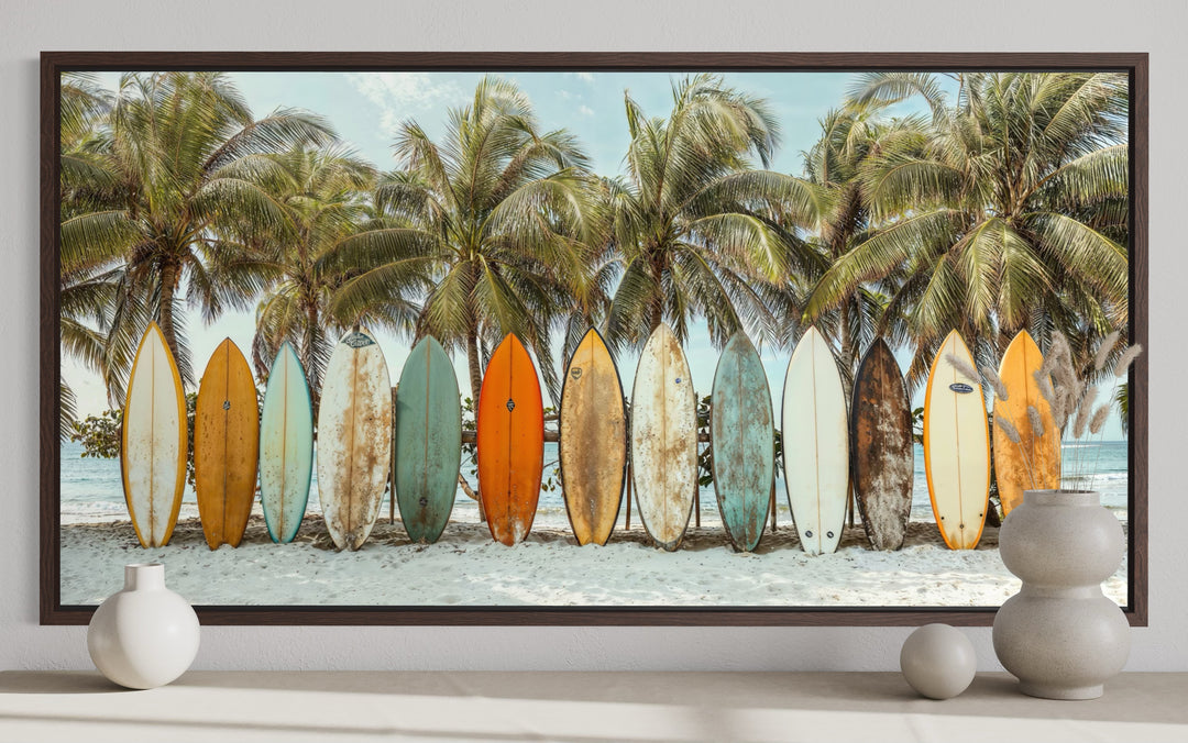 Surfboards On The Beach Framed Canvas Wall Art