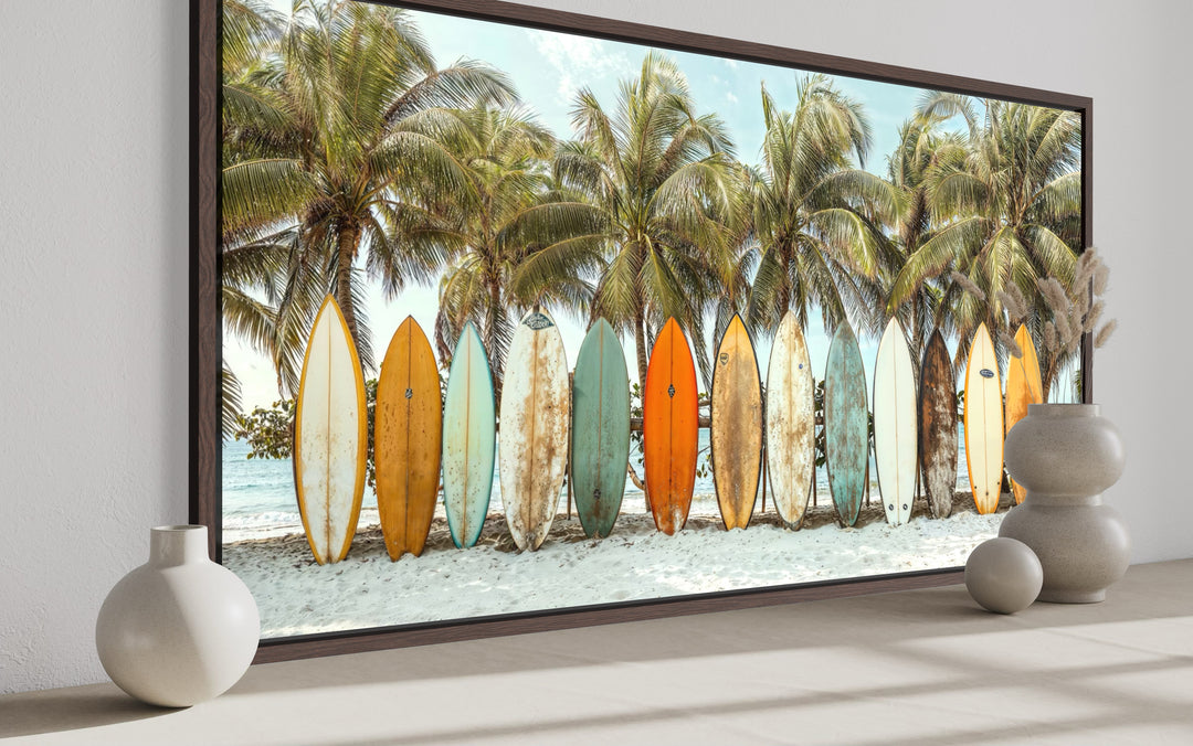 Surfboards On The Beach Framed Canvas Wall Art