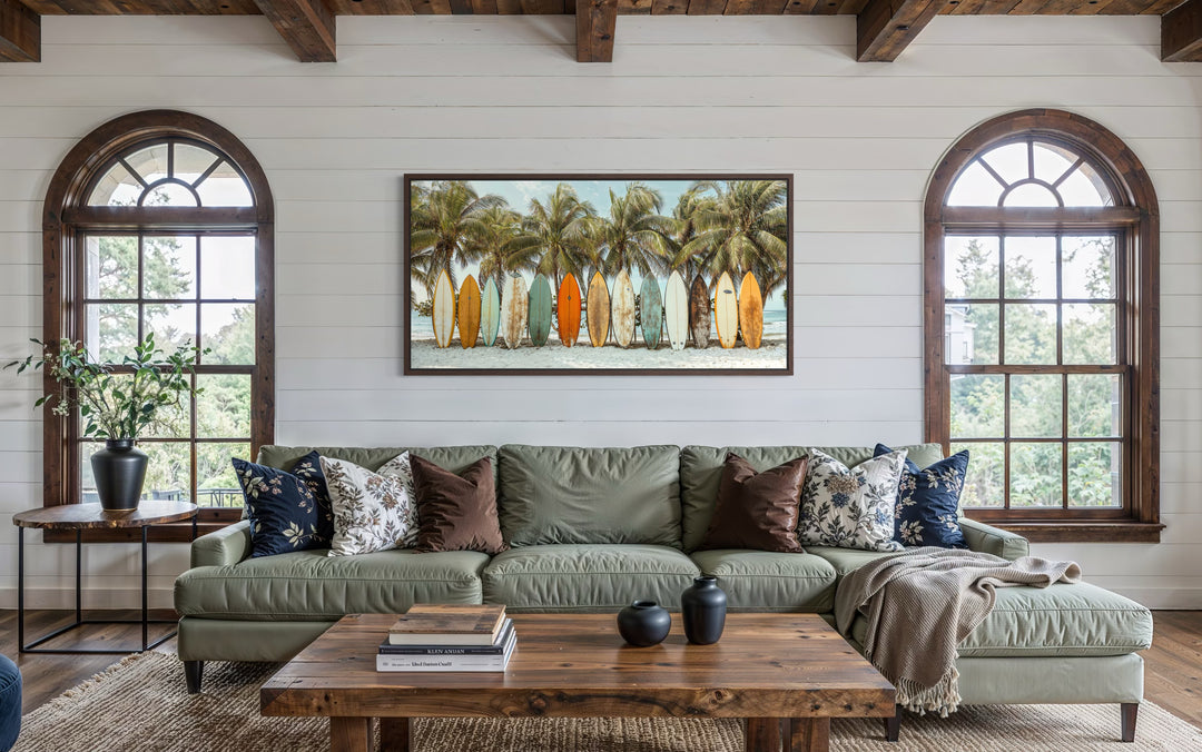 Surfboards On The Beach Framed Canvas Wall Art