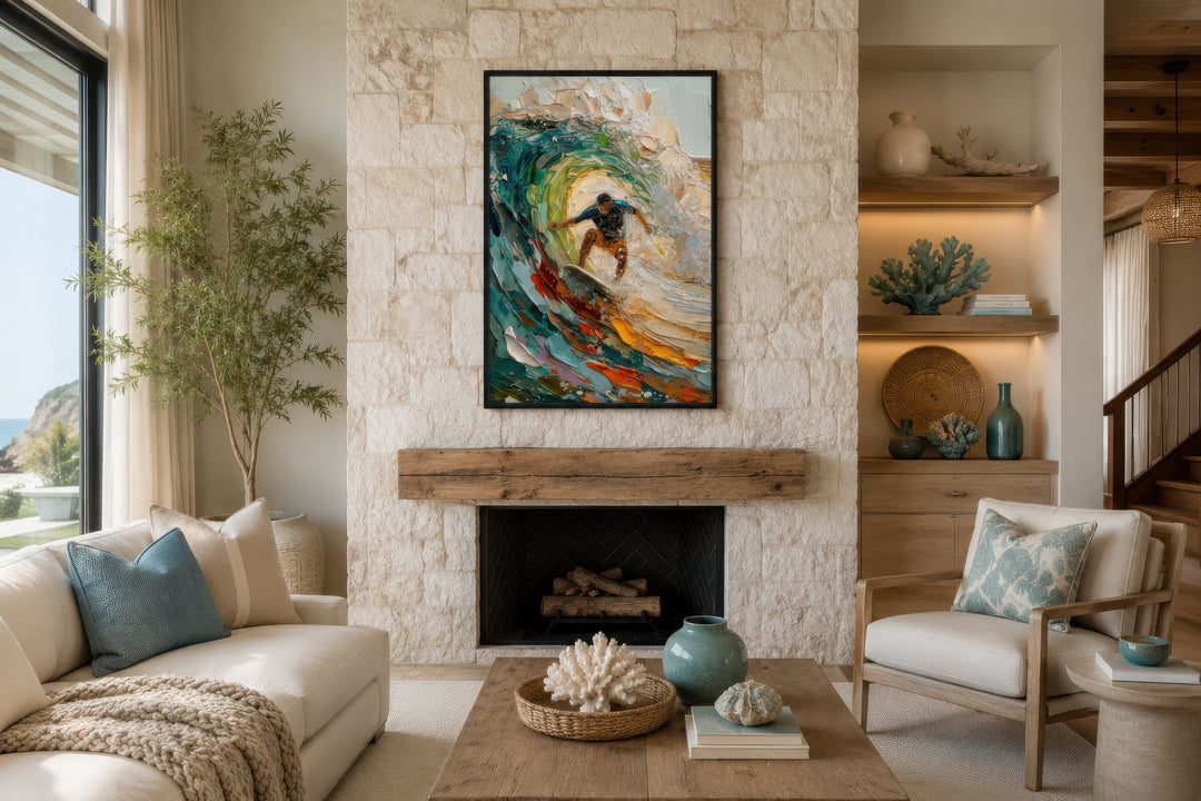 A framed impressionistic canvas painting of a surfer riding a colorful, textured wave.